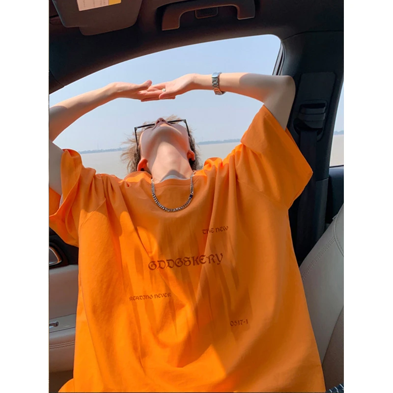 多巴胺穿搭黄橙色t恤男夏季纯棉重磅亮色情侣短袖美式高街五分袖