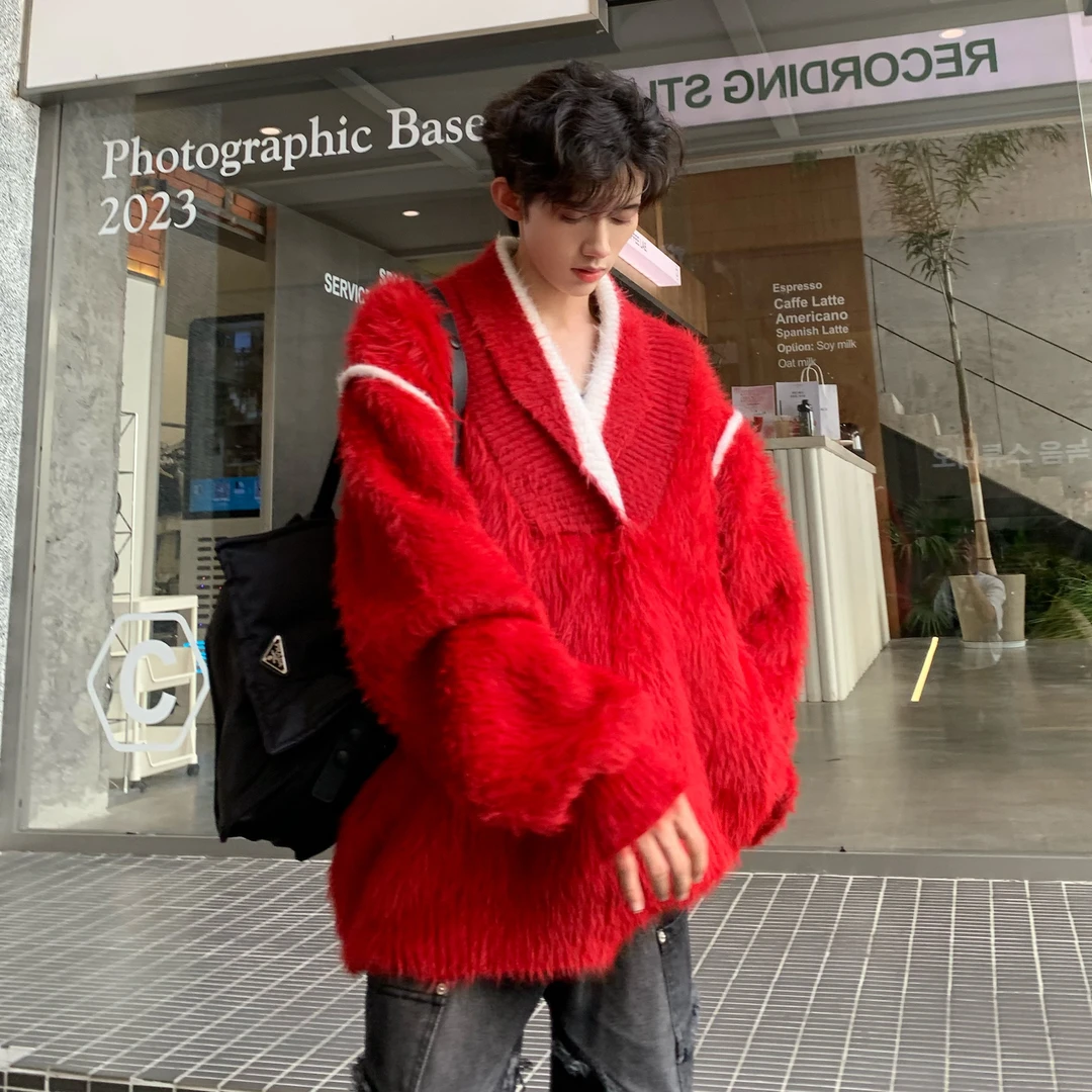 圣诞节红色v领毛衣男款过年战袍冬季加厚慵懒风高级感情侣针织衫