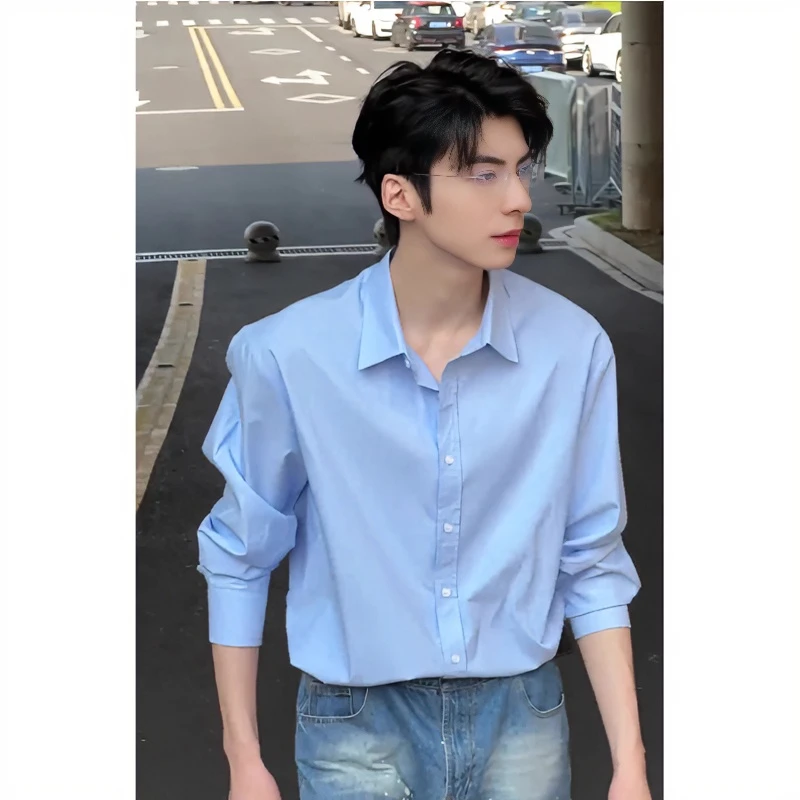 天蓝色冰丝衬衫男长袖夏季薄款高级垂感阳光干净男生穿搭衬衣外套