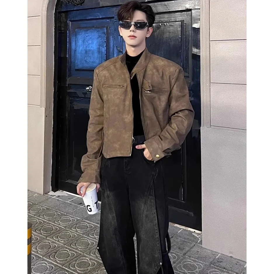 棕色美拉德外套男高级感痞帅春秋款皮夹克短款垫肩发型师潮牌男装