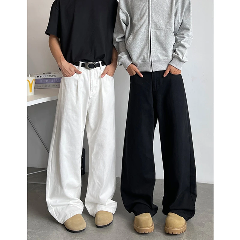 cleanfit白色弯刀牛仔裤男春秋款美式高街垂感裤子直筒拖地阔腿裤