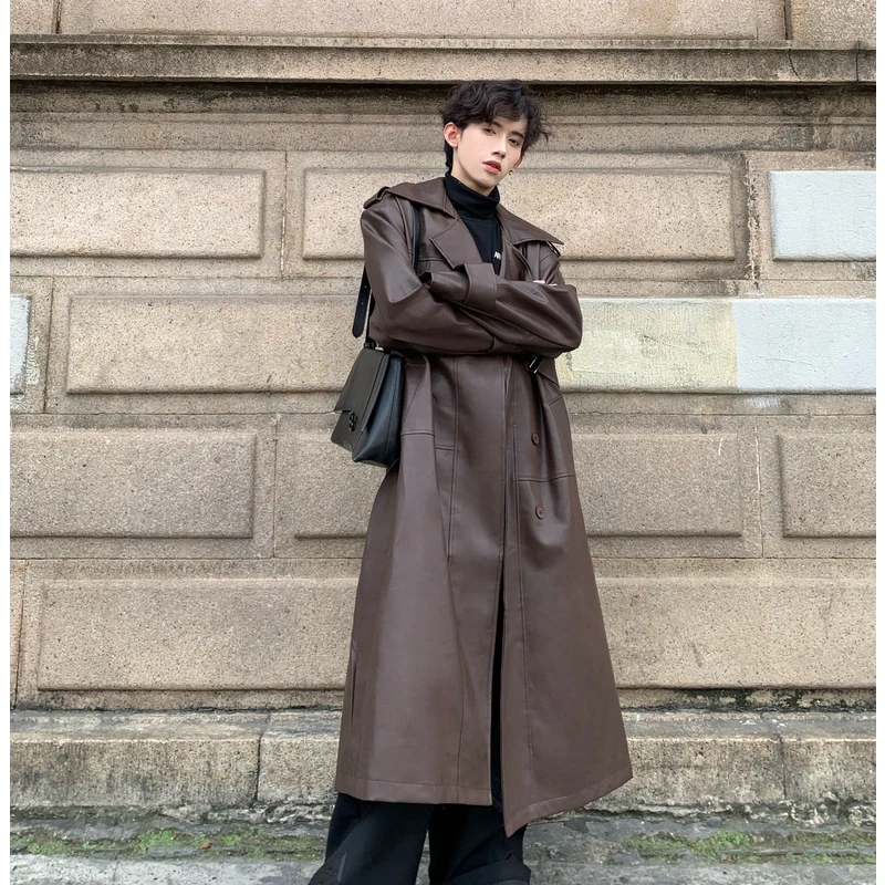 vintage美拉德穿搭廓形长款棕色pu皮衣外套男ins潮高级感痞帅风衣