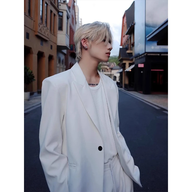 英伦雅痞男装白色垫肩外套男春秋高级感痞帅西装美式高街休闲西服
