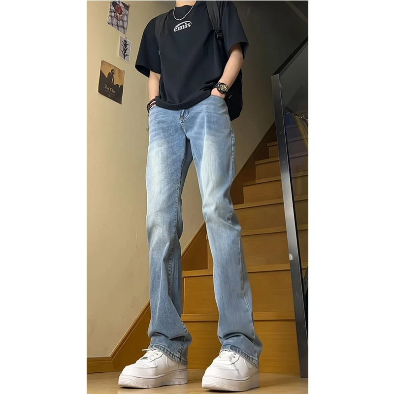 美式高街浅蓝色牛仔裤男款秋季新款vibe裤子修身直筒弹力微喇叭裤