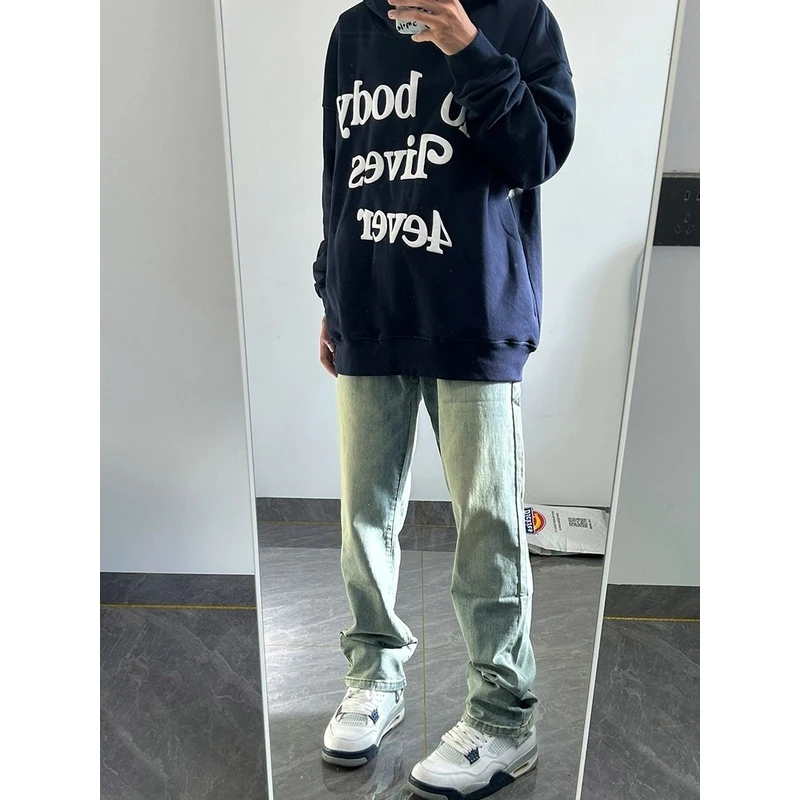 黄泥牛仔裤男款修身直筒美式复古vibe风裤子高街潮牌痞帅休闲长裤
