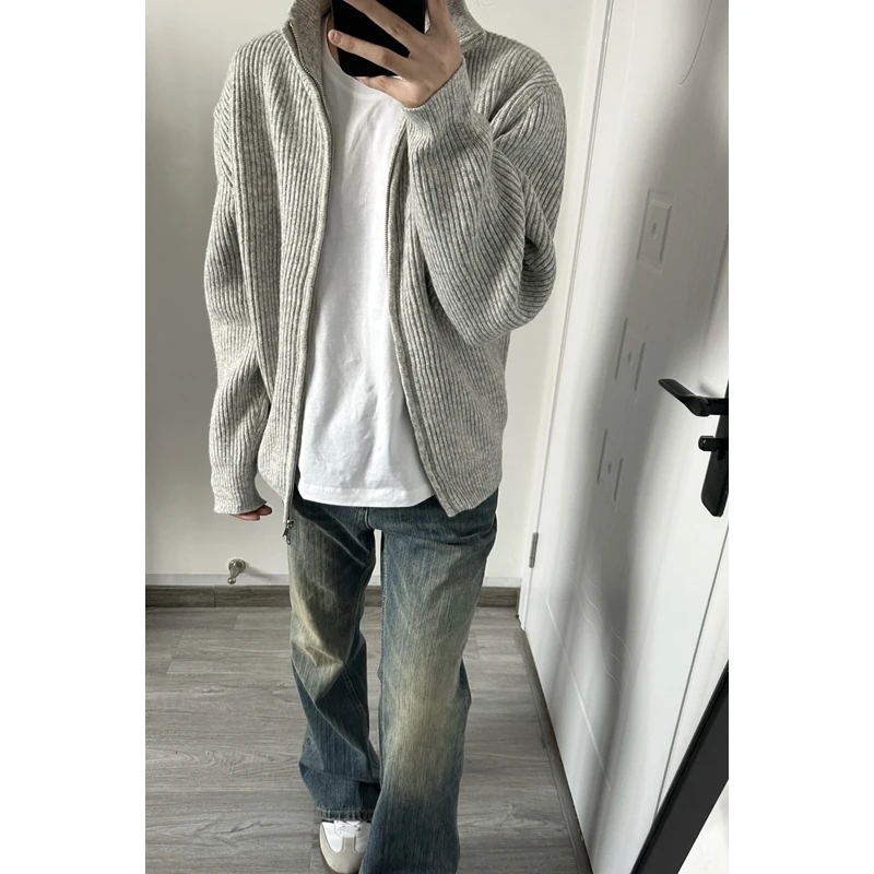 灰色开衫毛衣男款春秋季美式vintage休闲针织衫青少年高街感外套