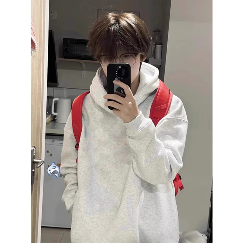 花灰色重磅连帽卫衣男款春秋季cleanfit慵懒风外套美式复古连帽衫