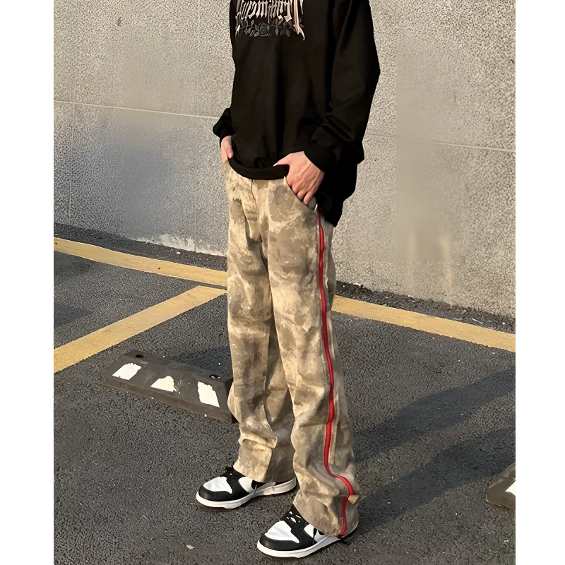 美式高街迷彩工装裤男夏季薄款侧边拉链开叉休闲裤潮牌vibe直筒裤