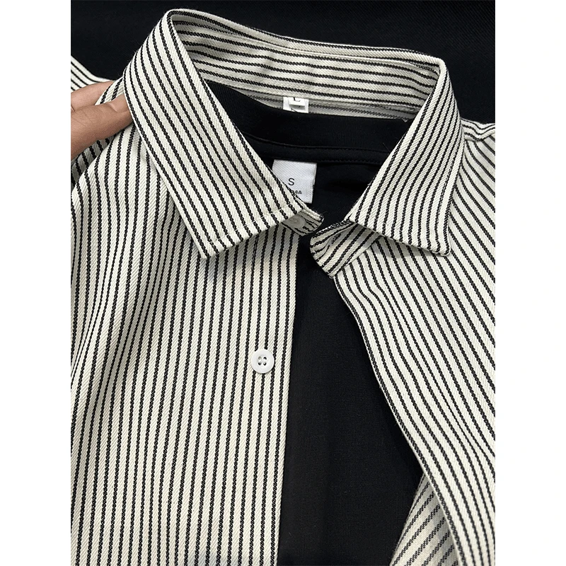vintage复古黑色条纹长袖衬衫外套男春秋高级感痞帅宽松休闲衬衣