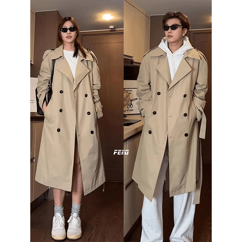 韩版卡其色风衣男春秋情侣英伦风中长款外套高级感高个子休闲大衣