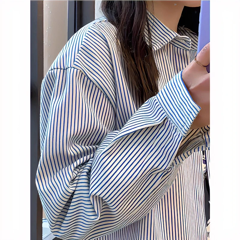 蓝色条纹衬衫男长袖高级感美式复古百搭衬衣cleanfit夏季情侣外套