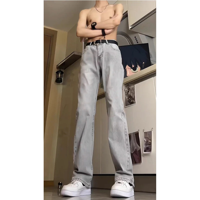 烟灰水泥色弯刀牛仔裤男生穿搭高级感裤子美式高街vibe直筒微喇裤