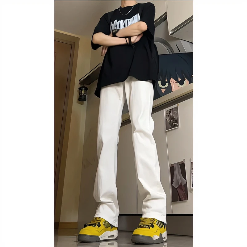 白色弹力软牛仔裤男秋季新款美式vibe裤子高街cleanfit直筒微喇裤