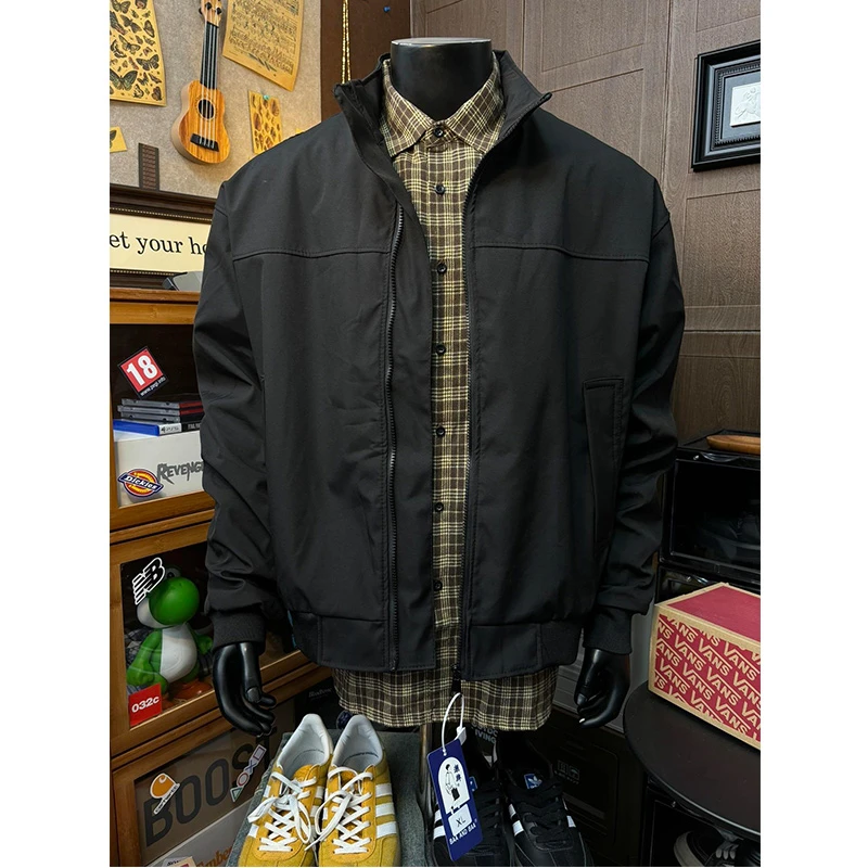 黑色美式教练夹克外套男款秋冬季加厚立领棒球服高级感飞行员棉服