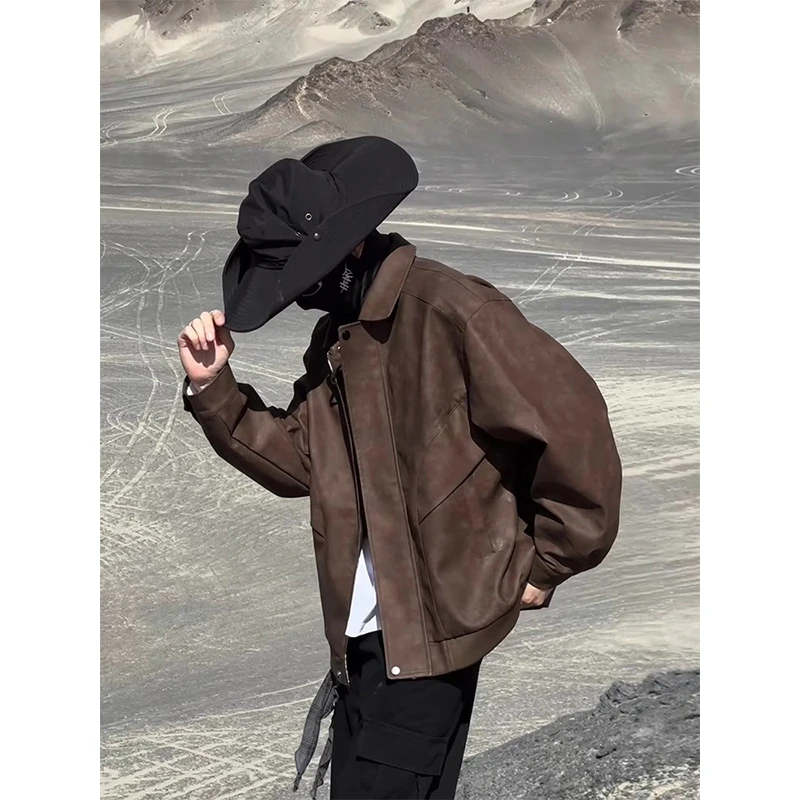 美拉德棕色皮衣外套男款秋季美式复古翻领工装夹克防风机车骑行服