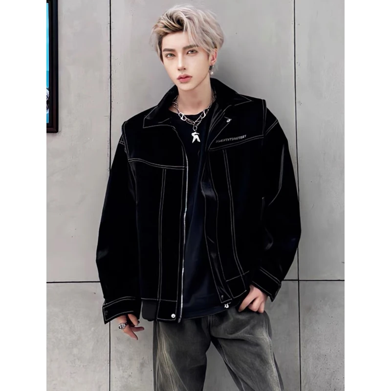 黑色皮衣外套男春秋款底特律情侣工装夹克美式高街痞帅机车棒球服