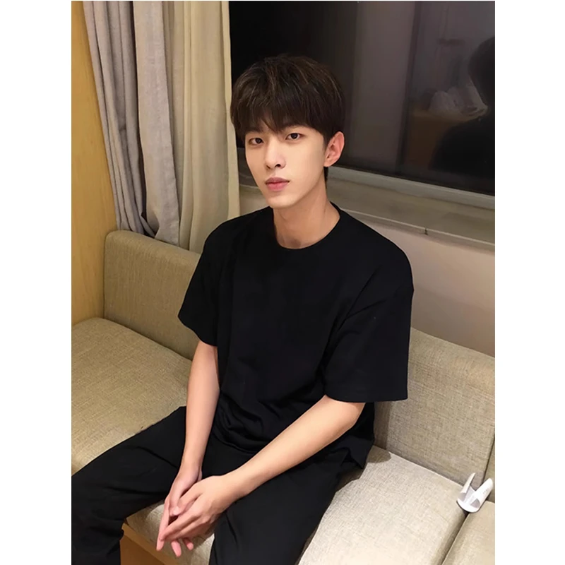 纯黑色cleanfit纯棉短袖重磅夏款t恤男生少年感穿搭圆领五分袖