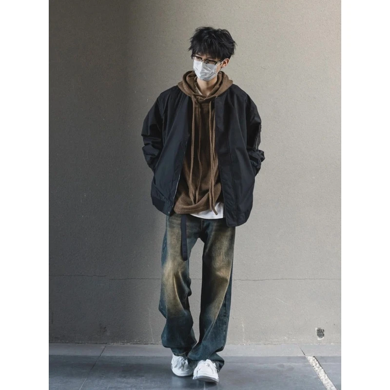 美式复古cleanfit裤子高街秋季潮牌藏青色牛仔裤男修身直筒微喇裤