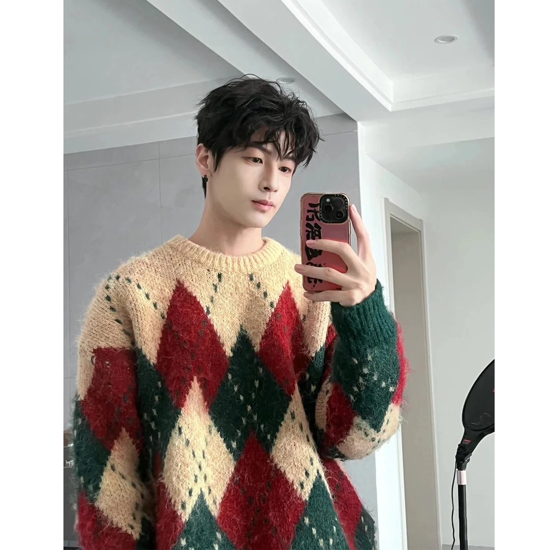 美式vintage圣诞风圆领毛衣外套男款秋冬季情侣款潮牌针织衫上衣