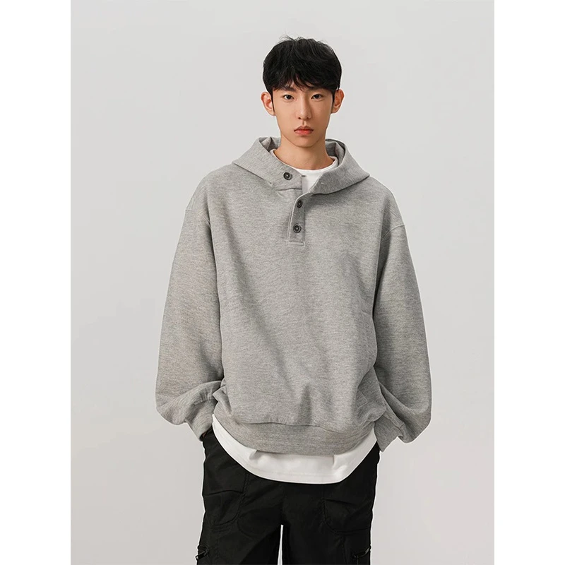 浅灰色美式短款boxy卫衣男冬季重磅双层亨利领连帽衫cleanfit外套