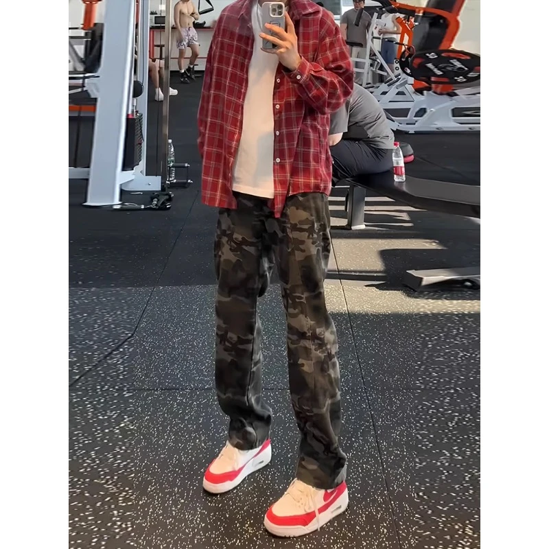 美式vintage复古迷彩牛仔裤男款春秋季痞帅高街潮牌vibe直筒裤子