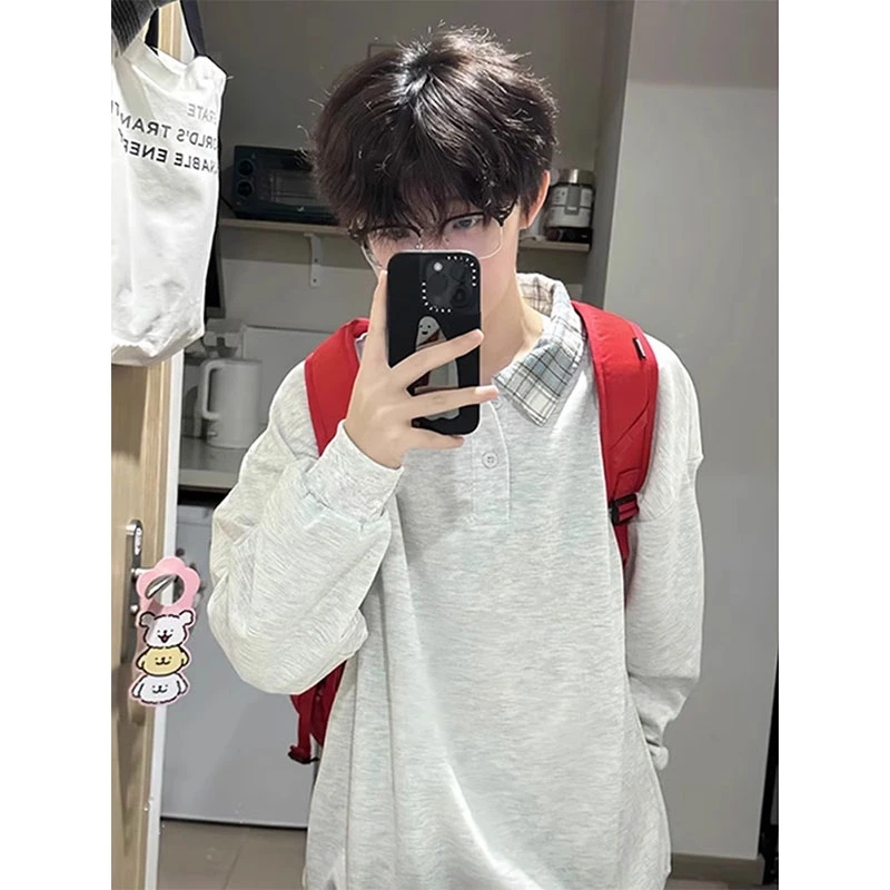 cleanfit麻灰色POLO领卫衣男秋冬款美式潮牌格子拼接设计长袖T恤