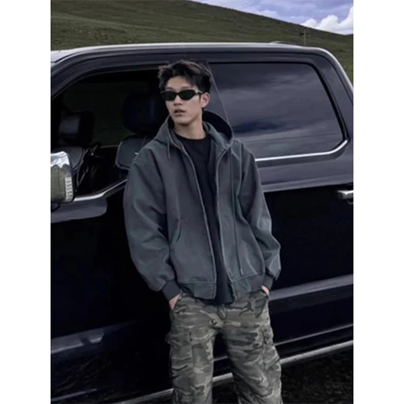 深灰色重磅开衫连帽卫衣男款潮流痞帅高级感外套美式慵懒chic上衣