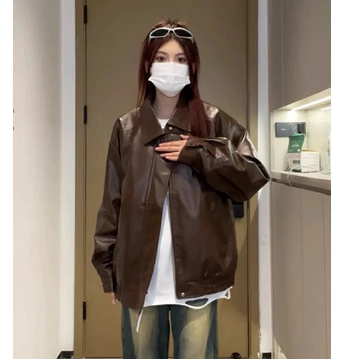 vintage美式复古棕色皮衣外套男秋季cleanfit情侣夹克机车骑行服