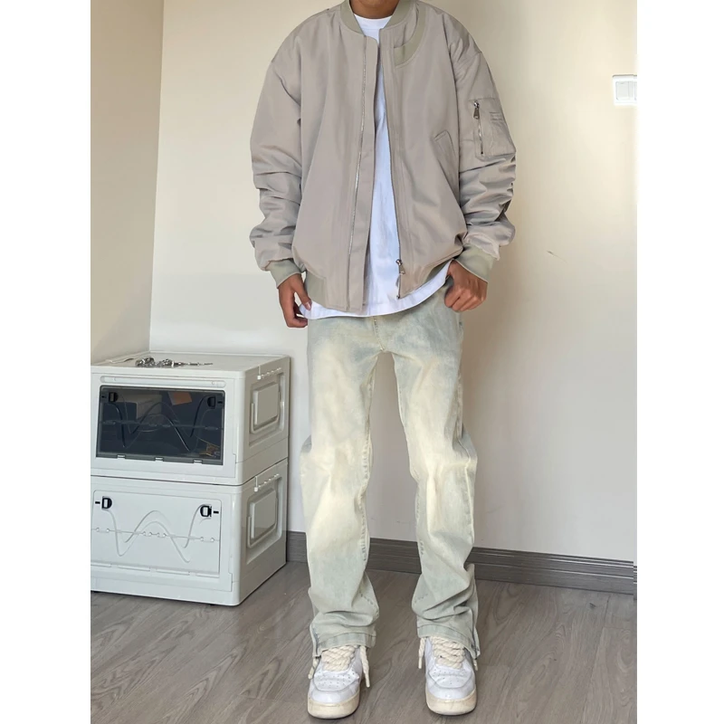 美式复古hiphop裤子高街水洗黄泥色牛仔裤男款宽松直筒vibe微喇裤