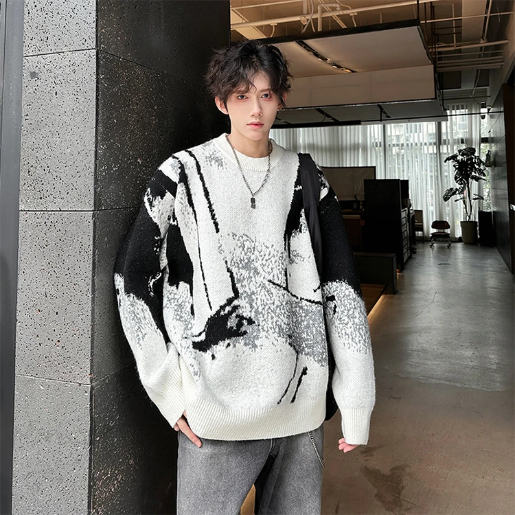 美式复古vintage圆领毛衣男款秋冬季撞色设计感慵懒风针织衫上衣