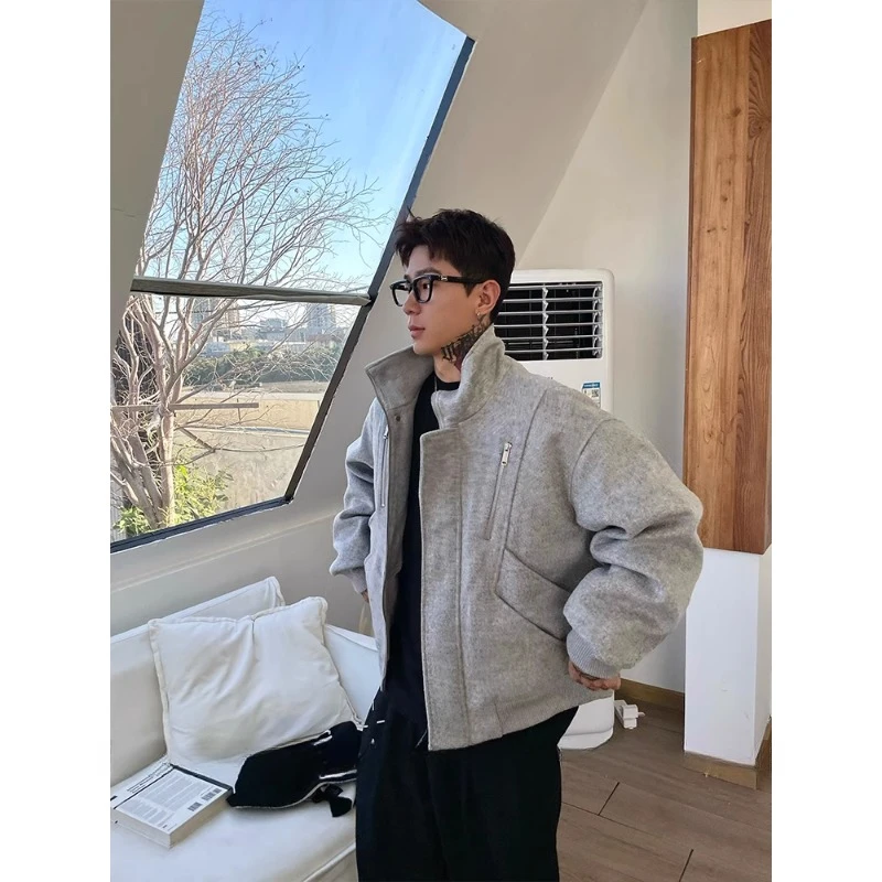 美式vintage解构系毛呢夹克男款秋冬季拉链装饰设计痞帅高街外套