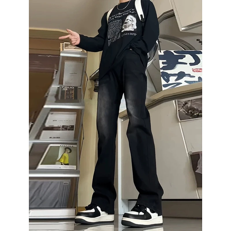 黑色渐变水洗弯刀牛仔裤男春秋季美式复古vibe裤子痞帅直筒微喇裤