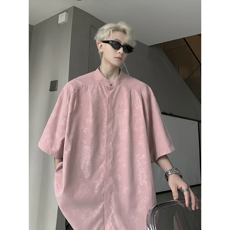 新中式国风粉色衬衫潮牌痞帅炸街短袖外套男款夏季冰丝五分袖衬衣