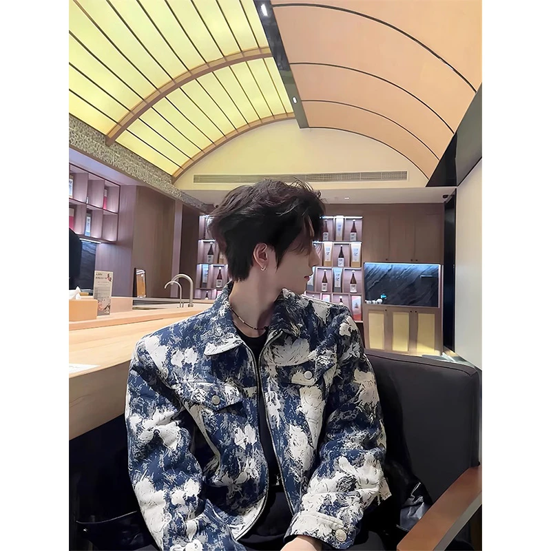 美式渐变扎染外套男春秋季高级感痞帅少年感穿搭翻领垫肩短款夹克