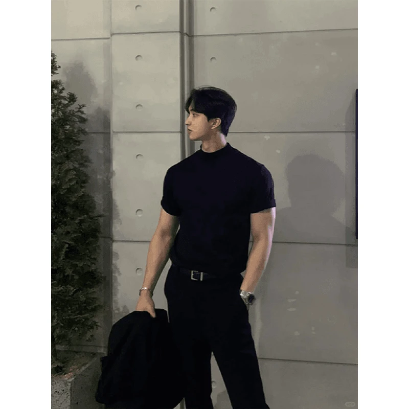 性张力穿搭美式小领口纯棉t恤男款夏季健身短袖显肌肉五分半截袖