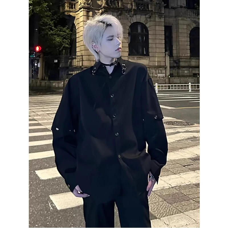 金属解构垫肩衬衫男高级感痞帅男模穿搭发型师潮牌可拆卸衬衣外套