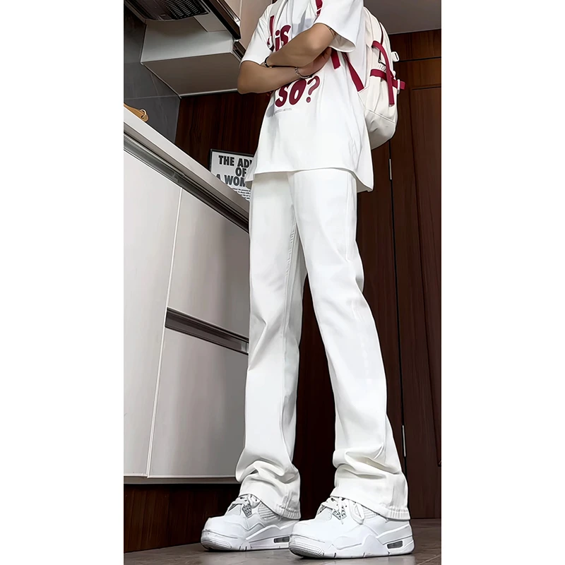 美式弯刀牛仔裤男款春秋季cleanfit白色vibe直筒裤修身显瘦微喇裤