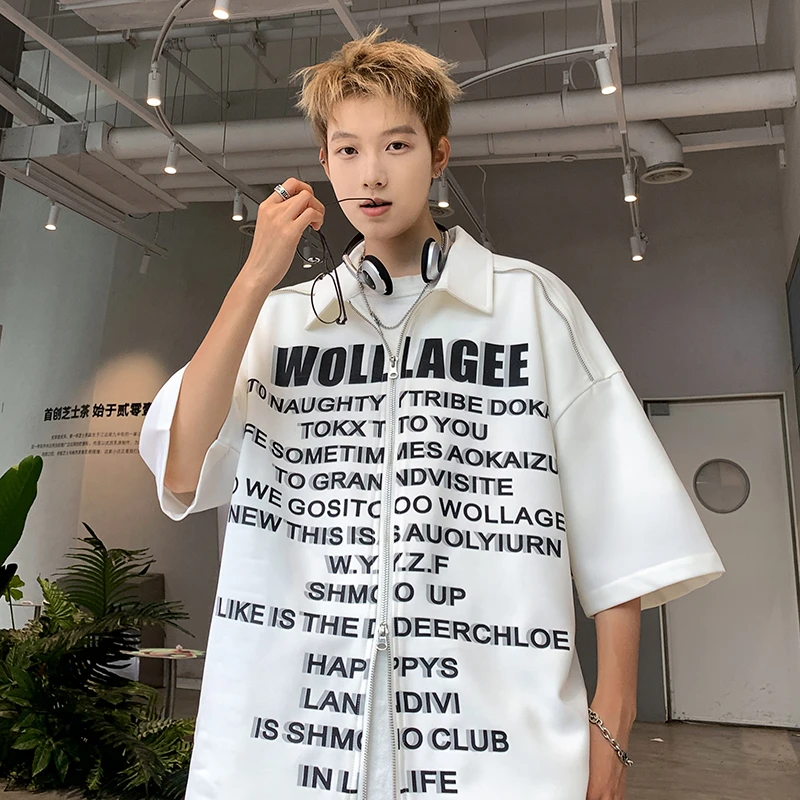 美式新款短袖衬衫男夏季薄款宽松大码字母印花设计感高街情侣外套