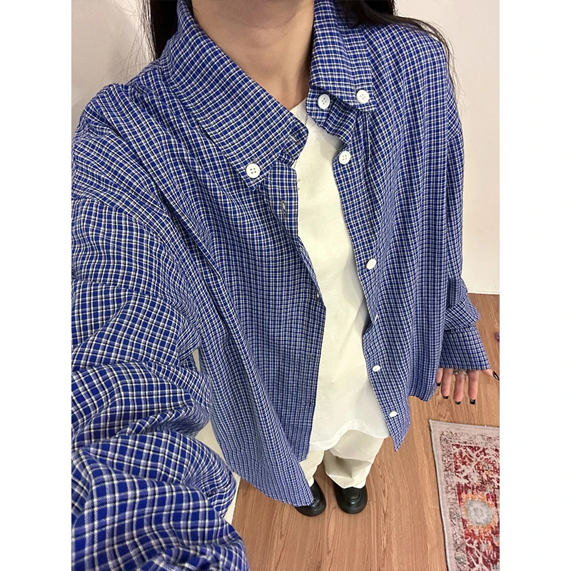 美式vintage蓝色格子衬衫男款春秋季休闲高街慵懒风长袖衬衣外套