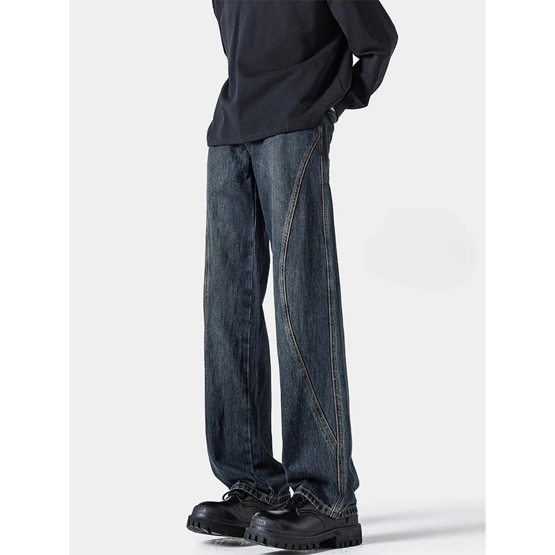 美式复古深蓝色牛仔裤男款秋季潮牌vibe宽松阔腿裤休闲裤直筒裤子