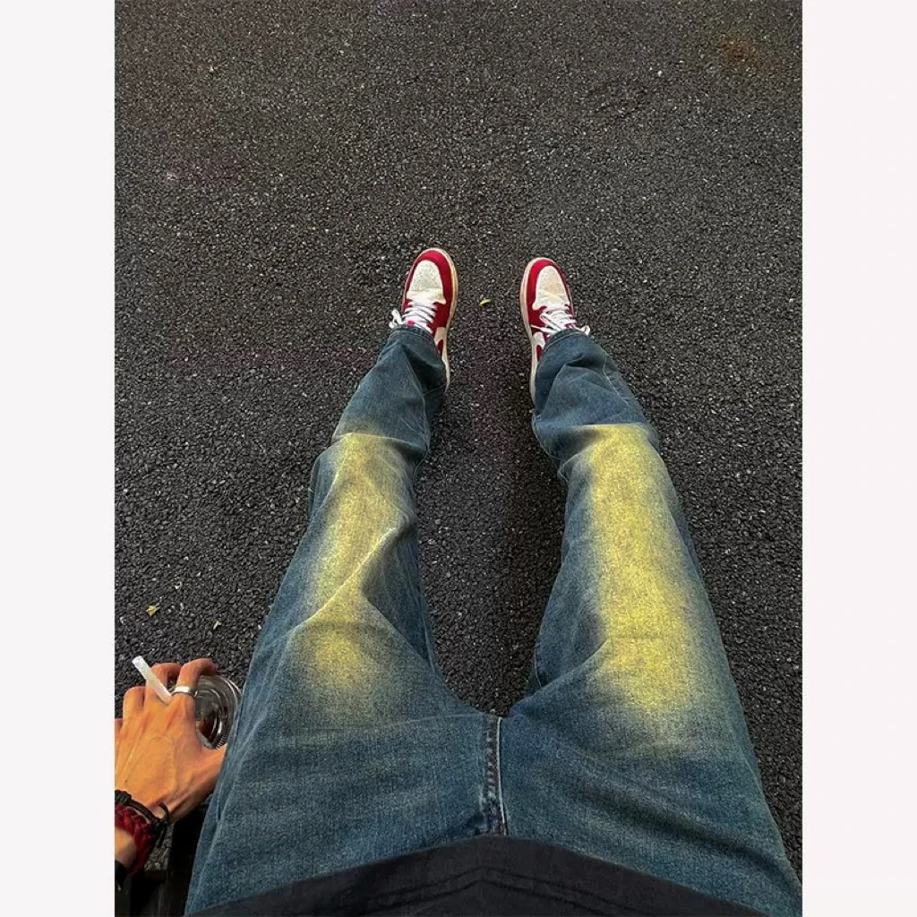 美式vintage藏青色弯刀牛仔裤男款春秋季高个子修身显瘦微喇长裤