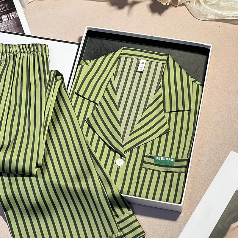 Sifuma/斯服玛《绿条纹》夏季睡衣女款爆款2024新款短袖冰丝套装