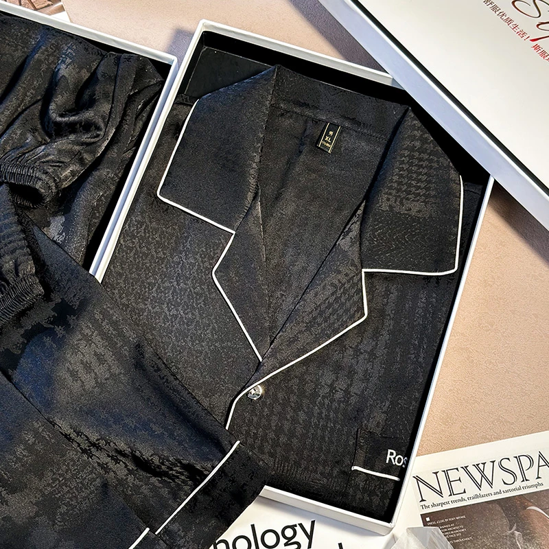 Sifuma/斯服玛《千鸟格》青少年男士睡衣夏季冰丝短袖三件套可出门