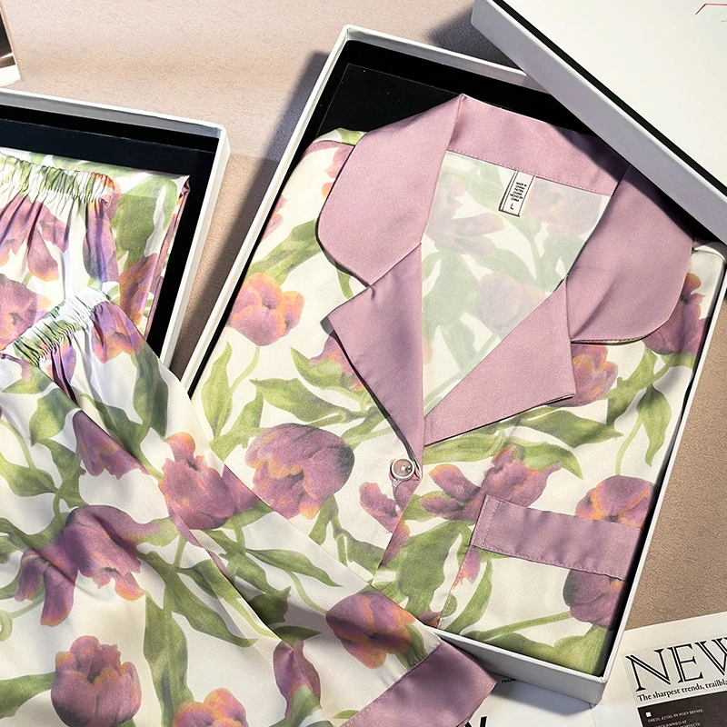 Sifuma/斯服玛《莫奈花园》夏季丝质短袖三件套睡衣女套装家居服