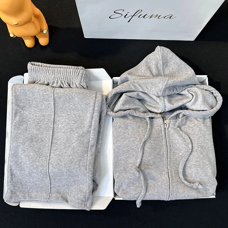 Sifuma/斯服玛《纯色拉链》春秋棉质长袖开衫两件套休闲睡衣家居服