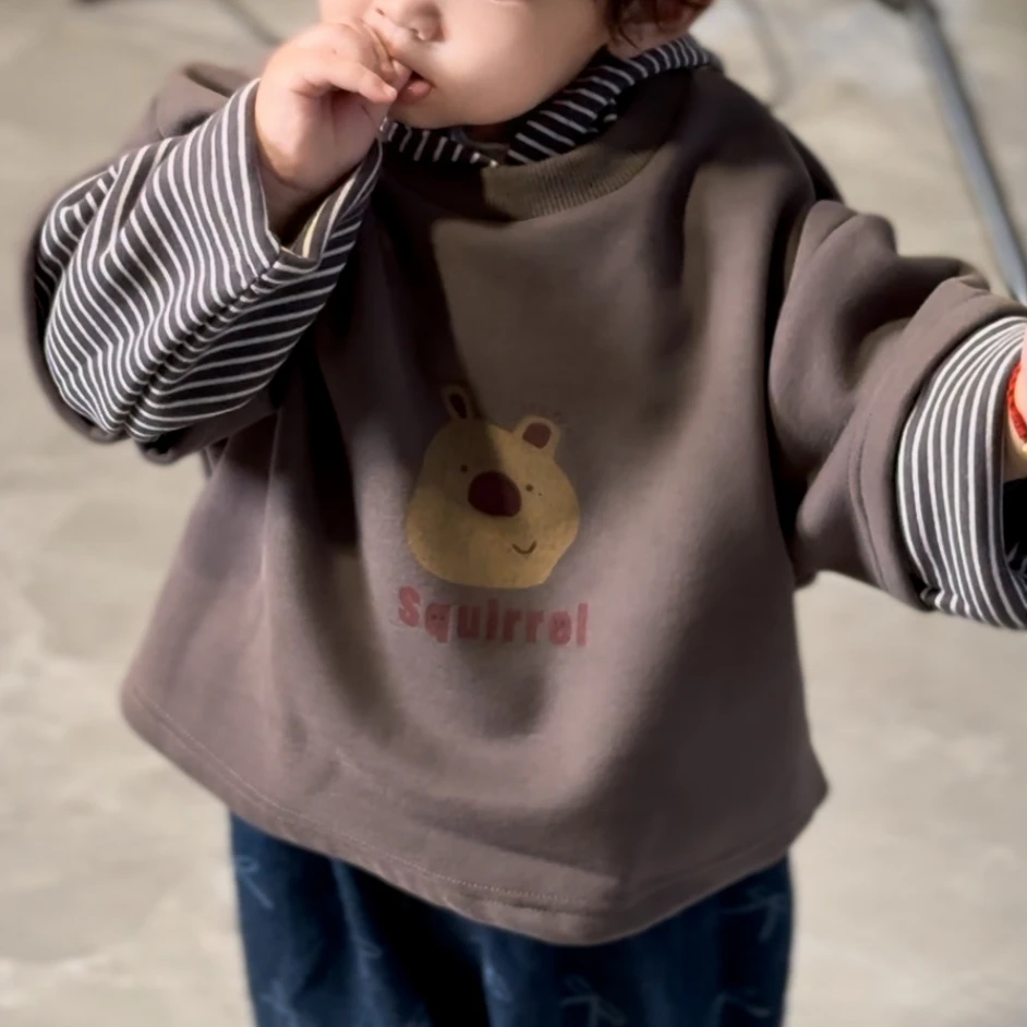 【山野丸子】儿童加绒假两件卫衣条纹休闲长袖