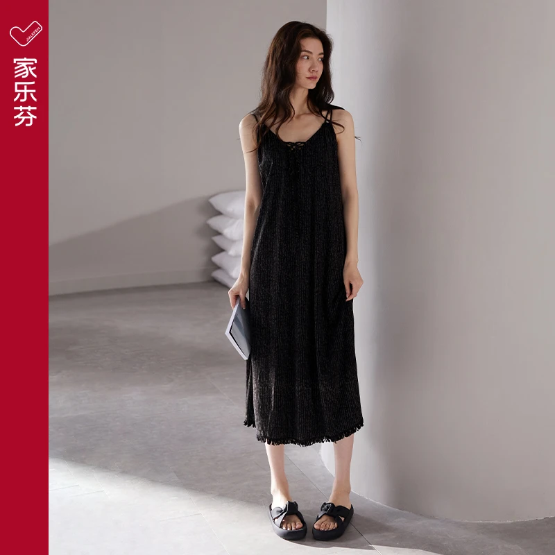 睡裙女士睡衣夏季莫代尔无袖吊带背心夏天夏款中长款黑色连衣裙子