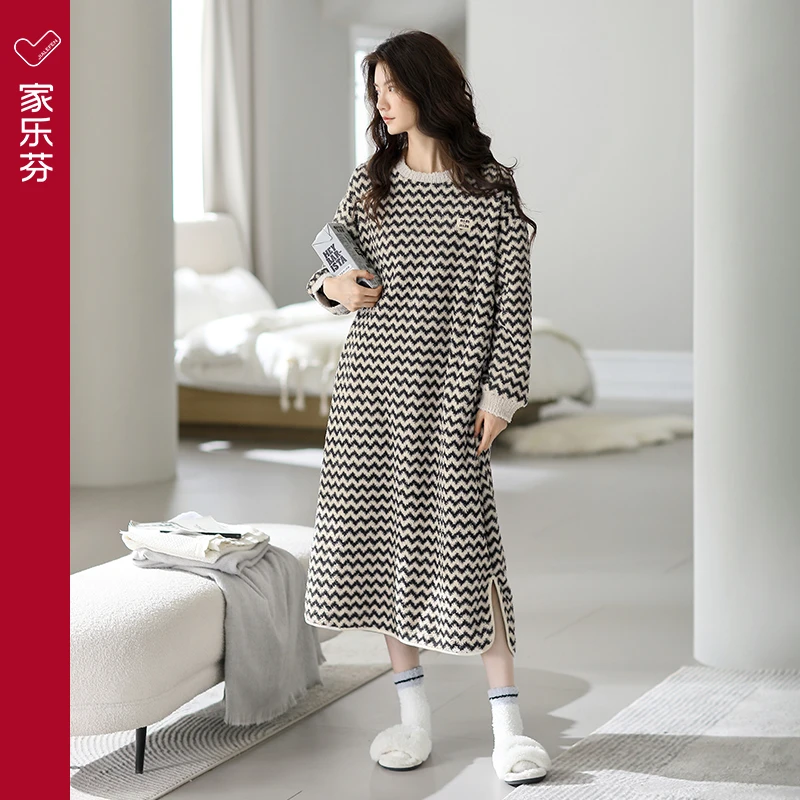 家乐芬睡裙女士秋冬款半边绒冬天冬季大码睡衣裙子长款长袖家居服