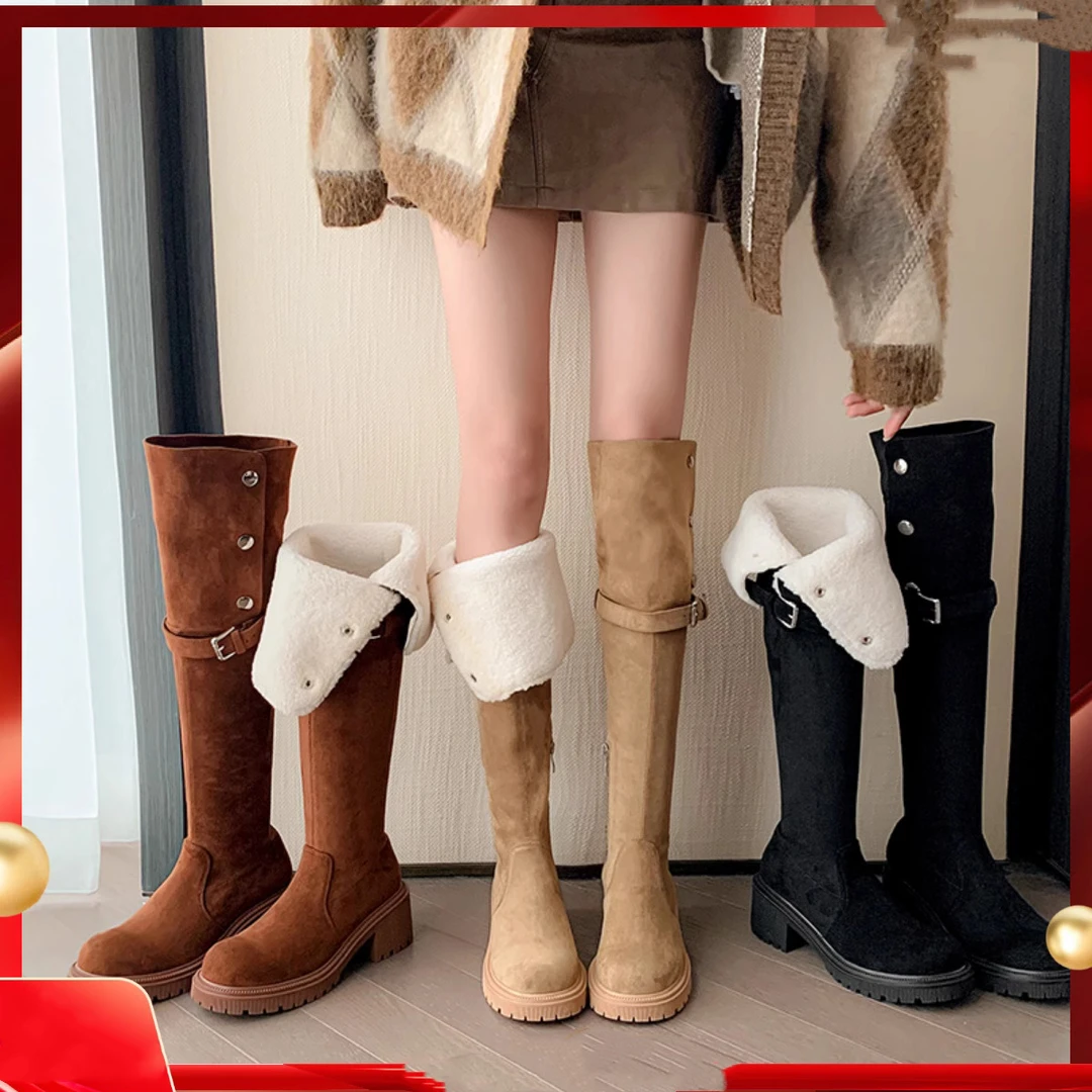 雪地靴~两穿加绒高筒靴女2024新款羊羔毛雪地靴显瘦弹力过膝长靴