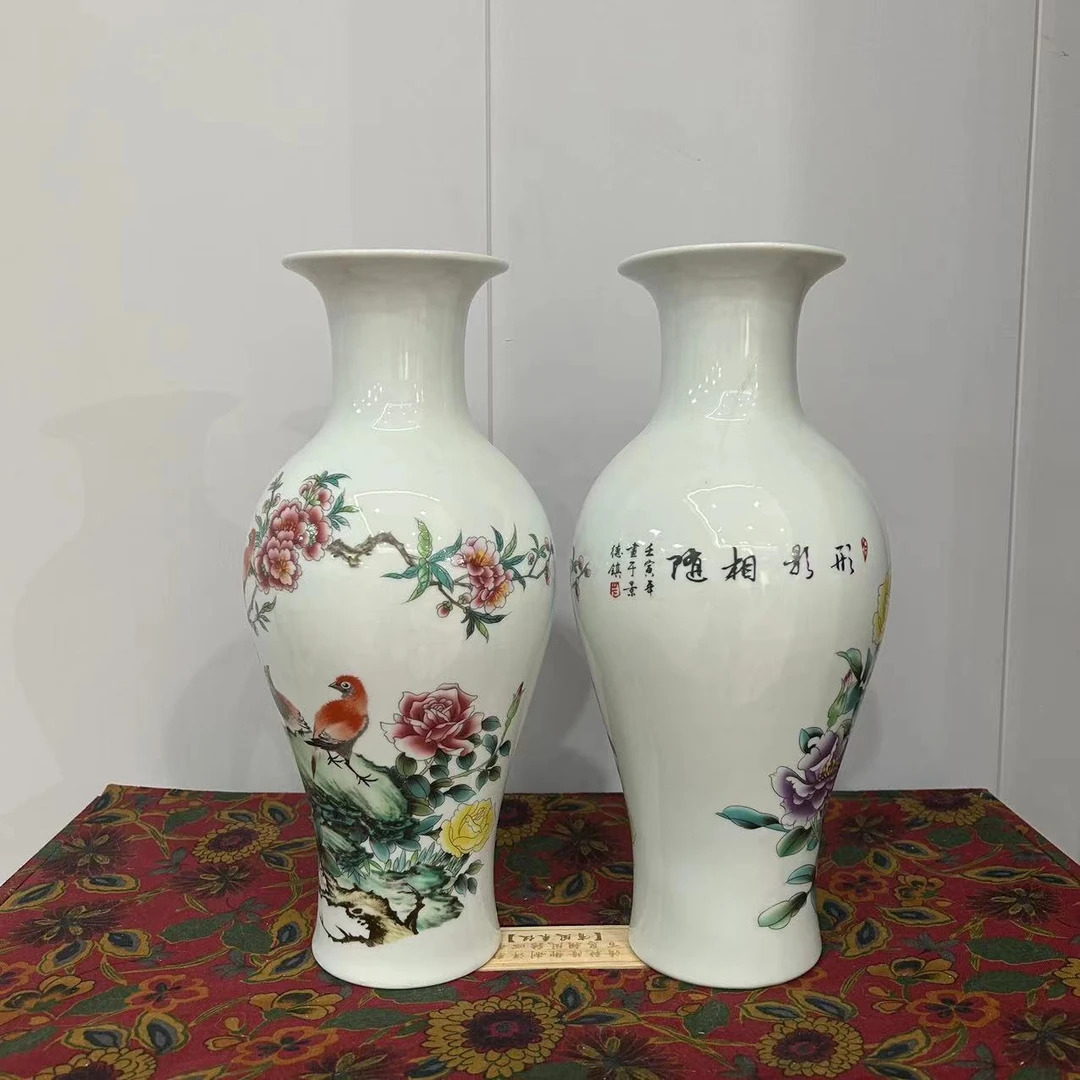 景德镇陶瓷摆件  粉彩形影相随对瓶